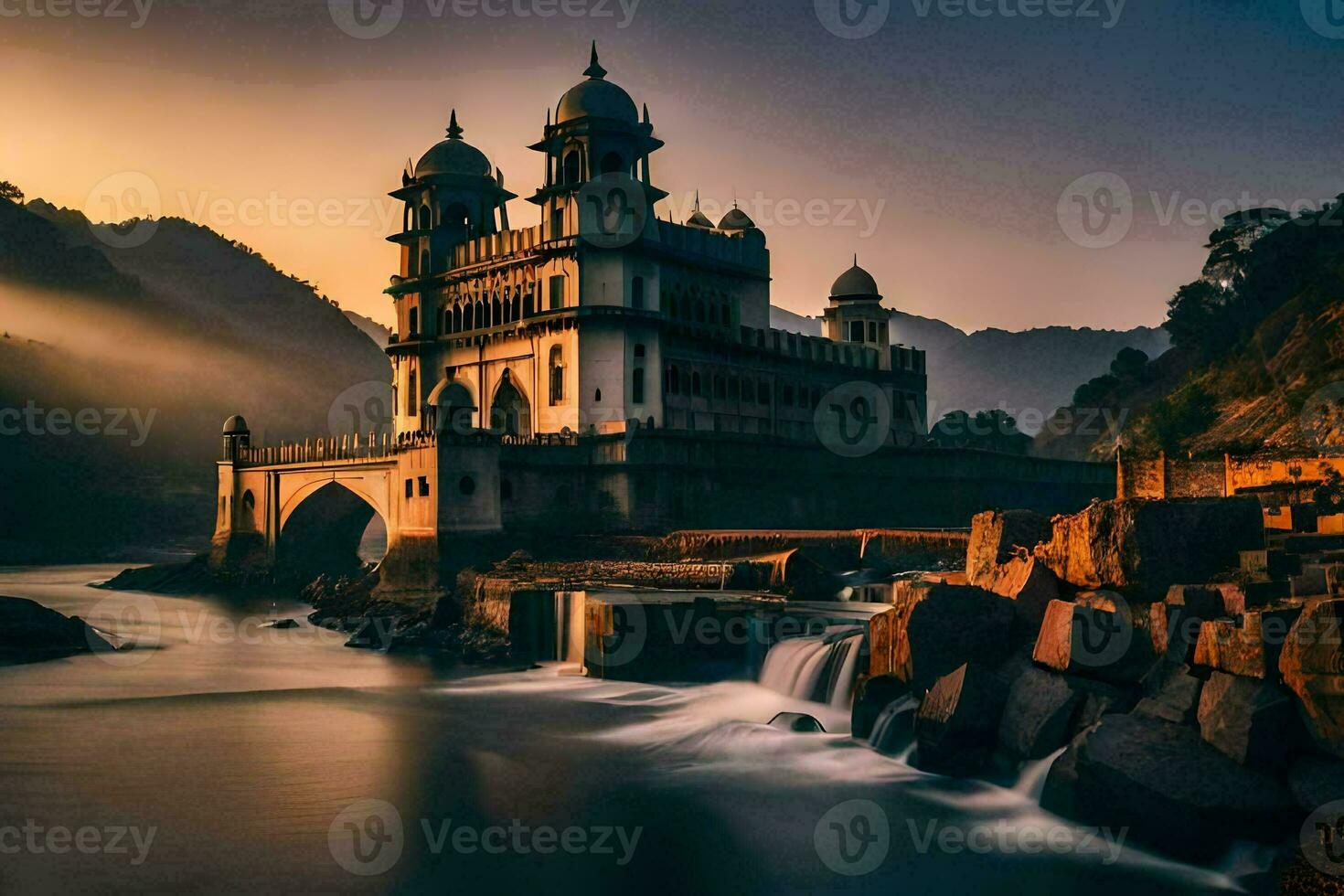 the sun sets over a beautiful castle in india. AI-Generated photo