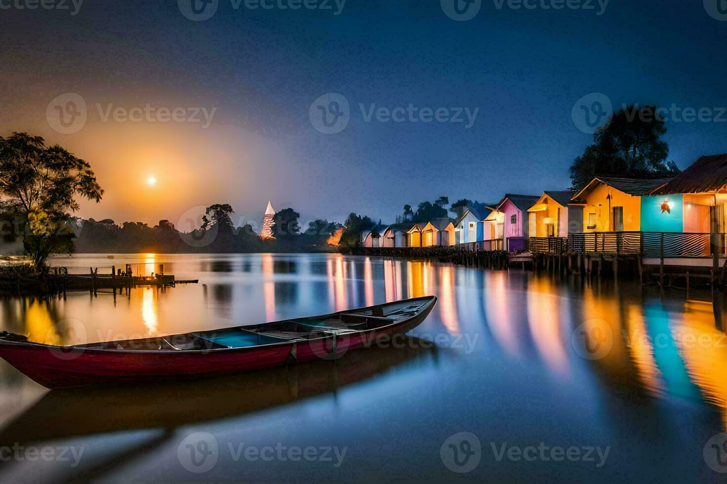 a boat sits on the water at night with colorful houses. AI-Generated photo