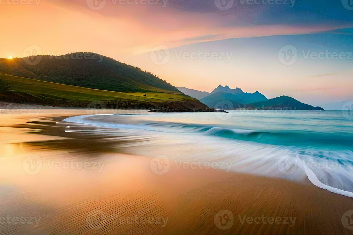 a beach with waves and mountains at sunset. AI-Generated photo