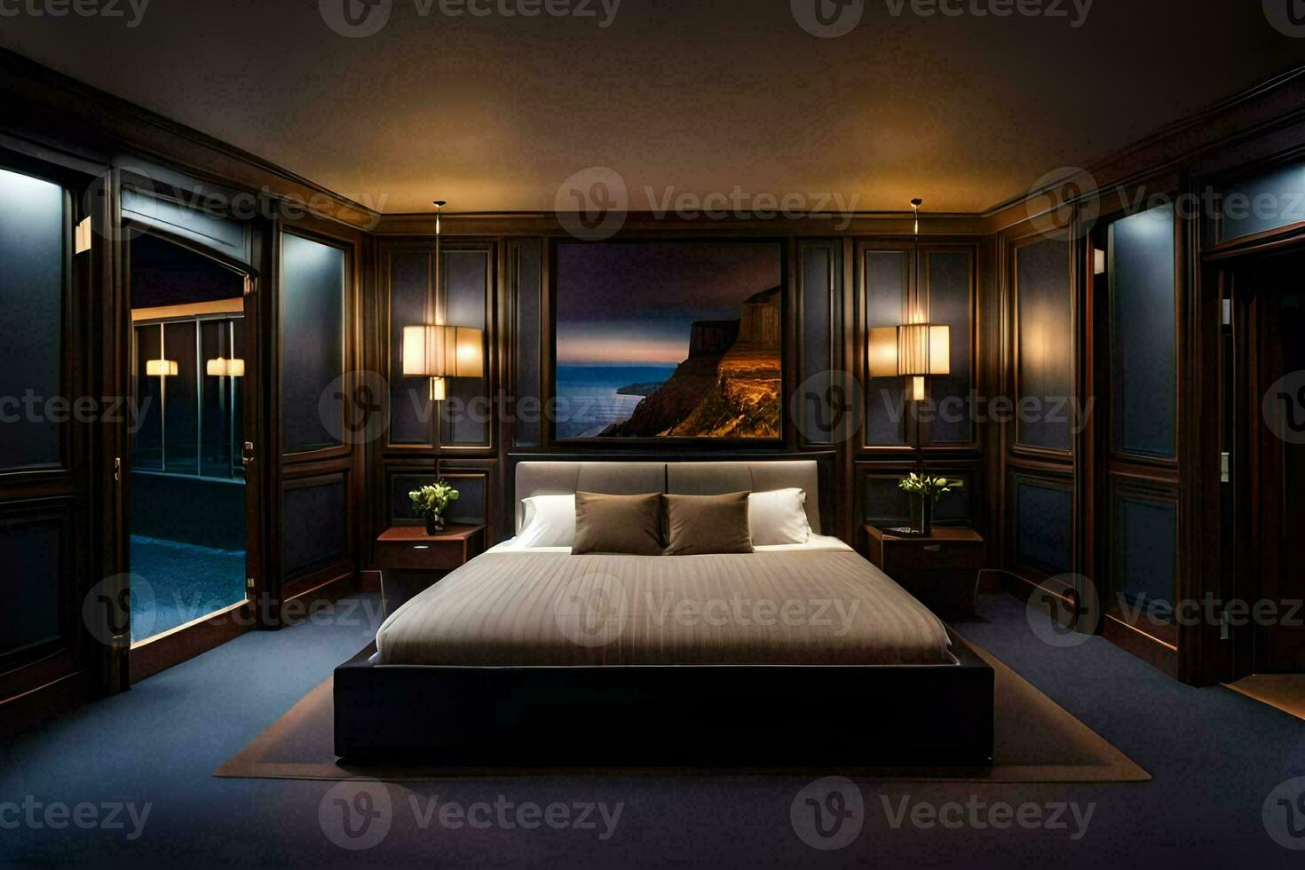 un dormitorio con oscuro madera revestimiento de madera y un cama. generado por ai foto