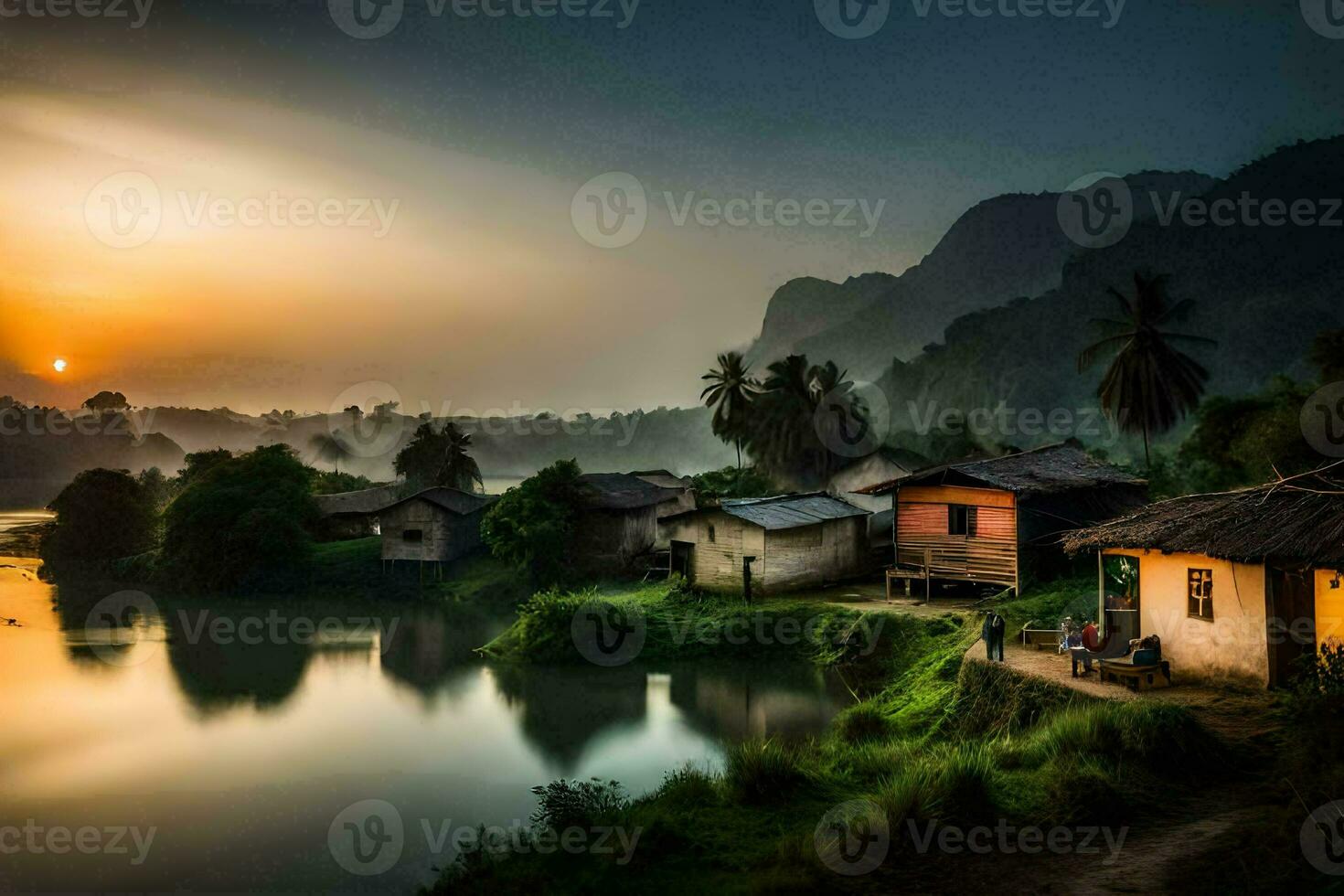a village by the river with a sunset. AI-Generated photo