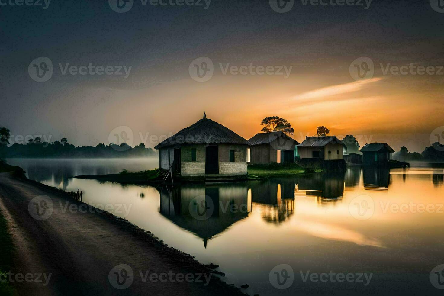 a beautiful sunrise over a lake with houses on the shore. AI-Generated photo