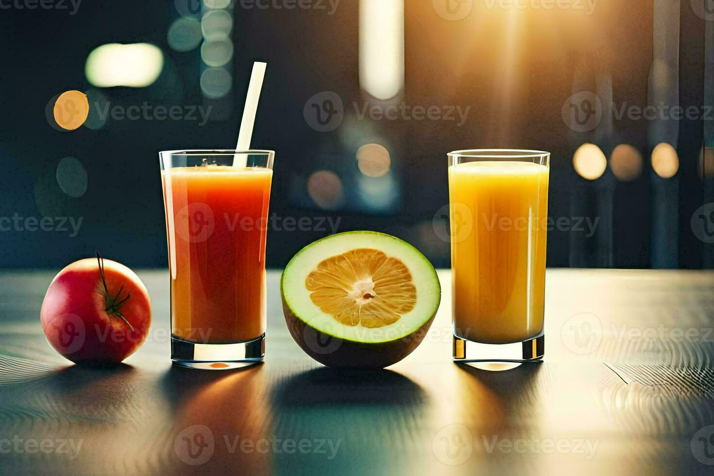 two glasses of juice and an apple on a table. AI-Generated photo