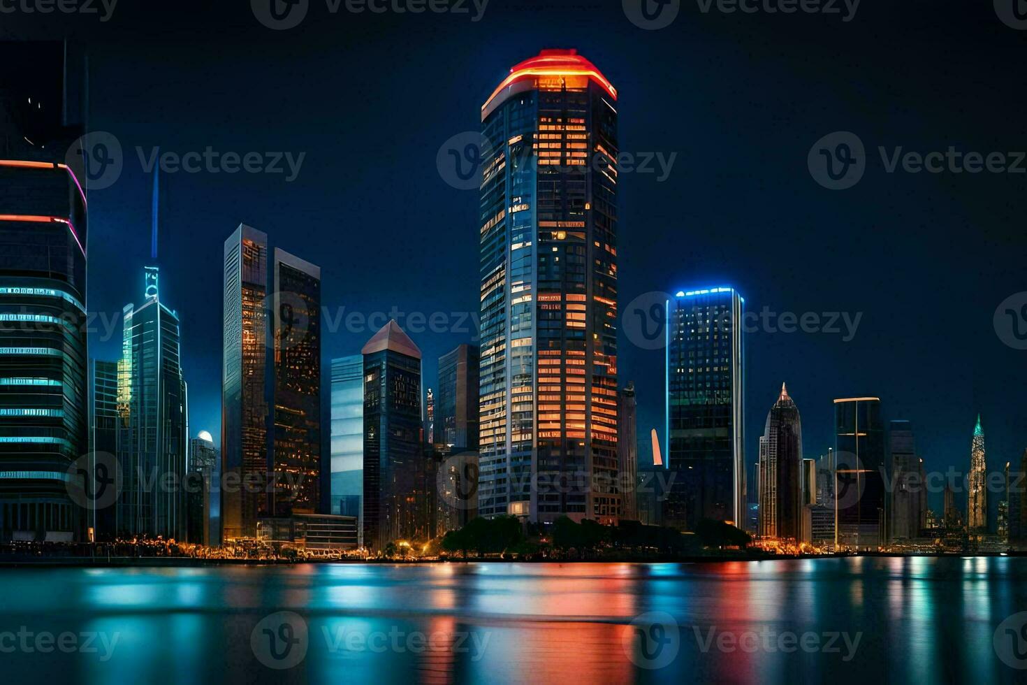a city at night with skyscrapers and lights. AI-Generated photo