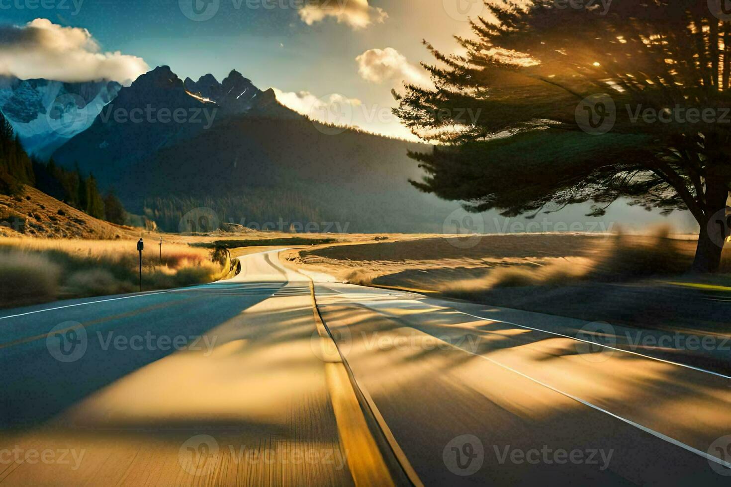 a road in the mountains with a tree in the foreground. AI-Generated photo