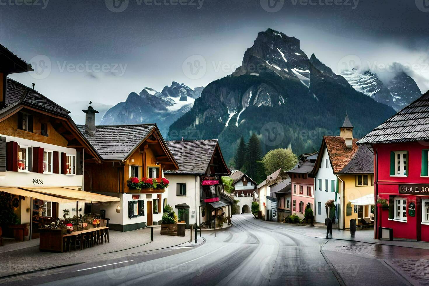 un pueblo en el Alpes con montañas en el antecedentes. generado por ai foto