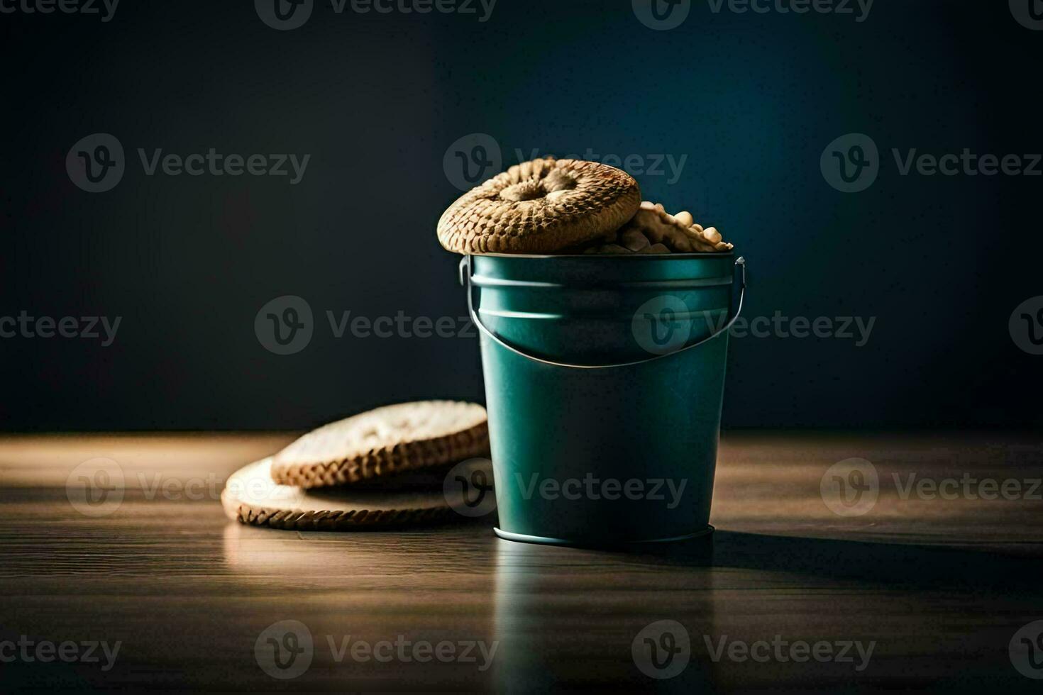 a bucket of cookies on a table. AI-Generated photo