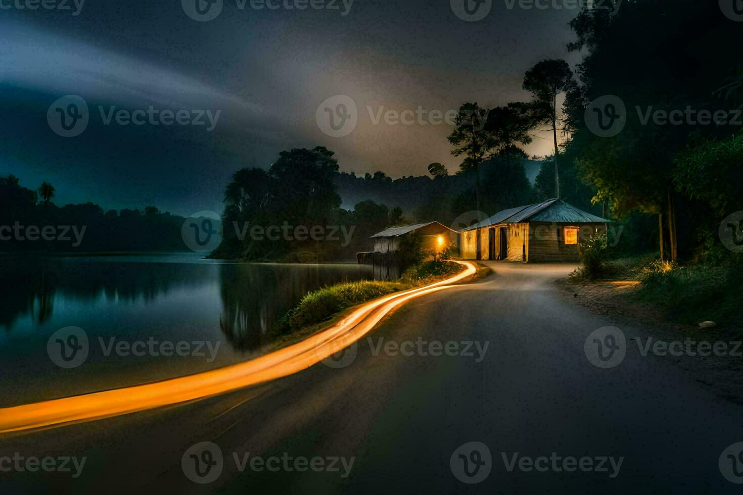 a long exposure photograph of a house on the side of a lake. AI-Generated photo