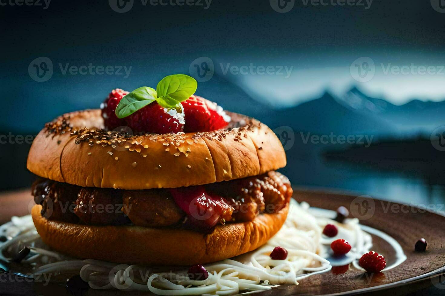 a hamburger with meat, cheese and berries on a plate. AI-Generated photo
