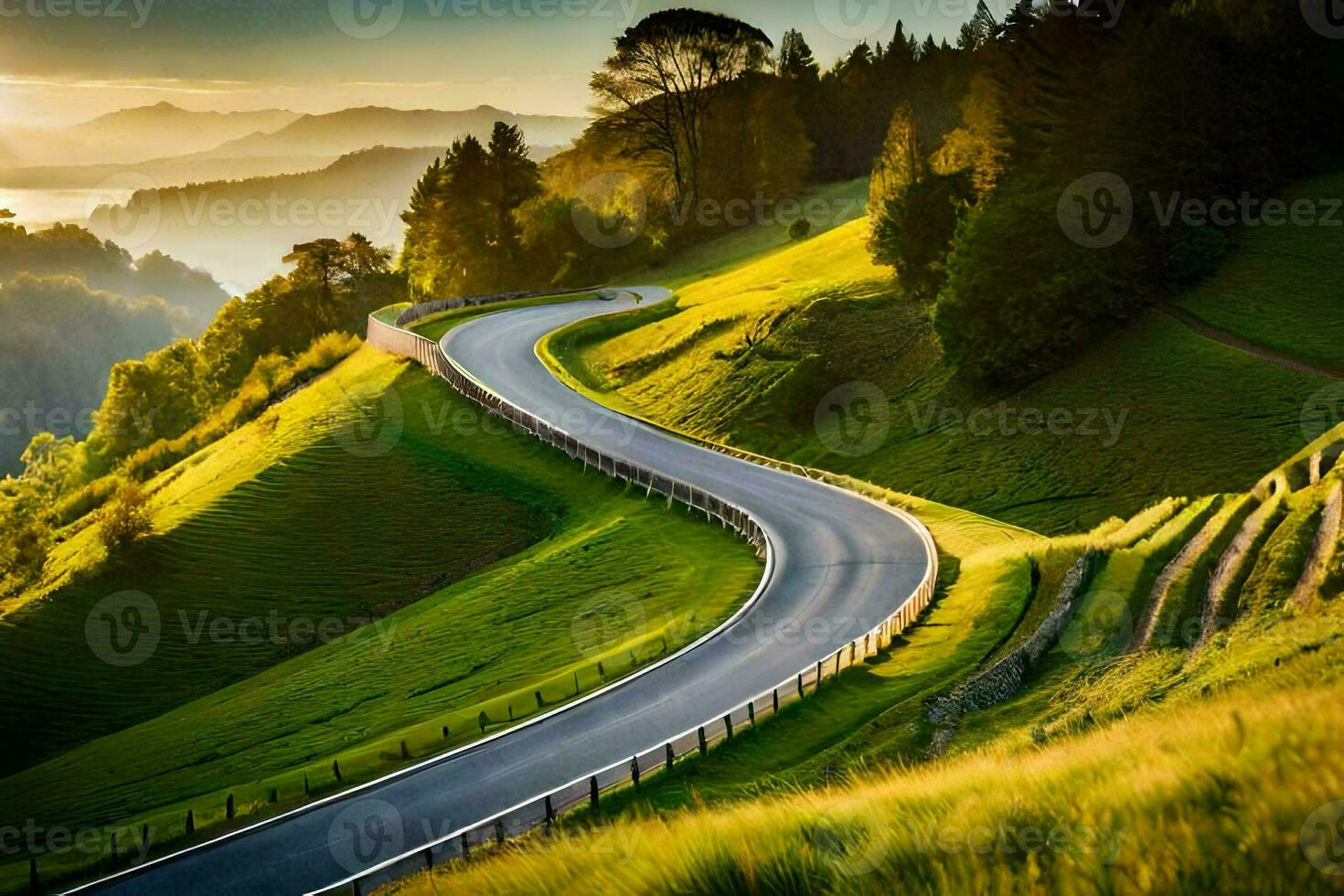 a winding road in the mountains with a sunset. AI-Generated photo