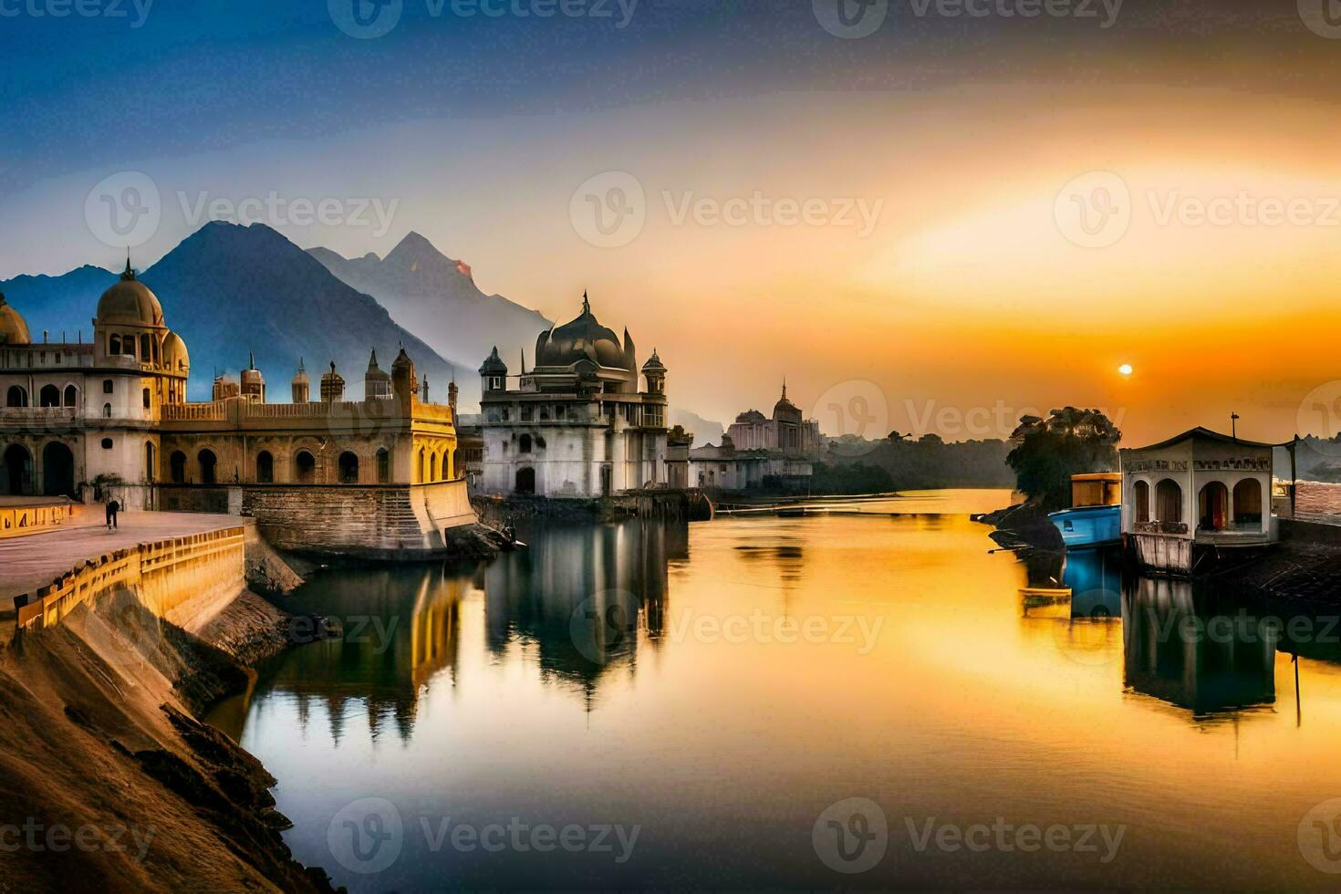 the sun sets over the lake in udaipur, india. AI-Generated photo