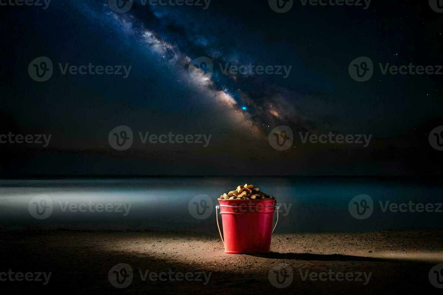 un Cubeta de patatas en el playa a noche. generado por ai foto