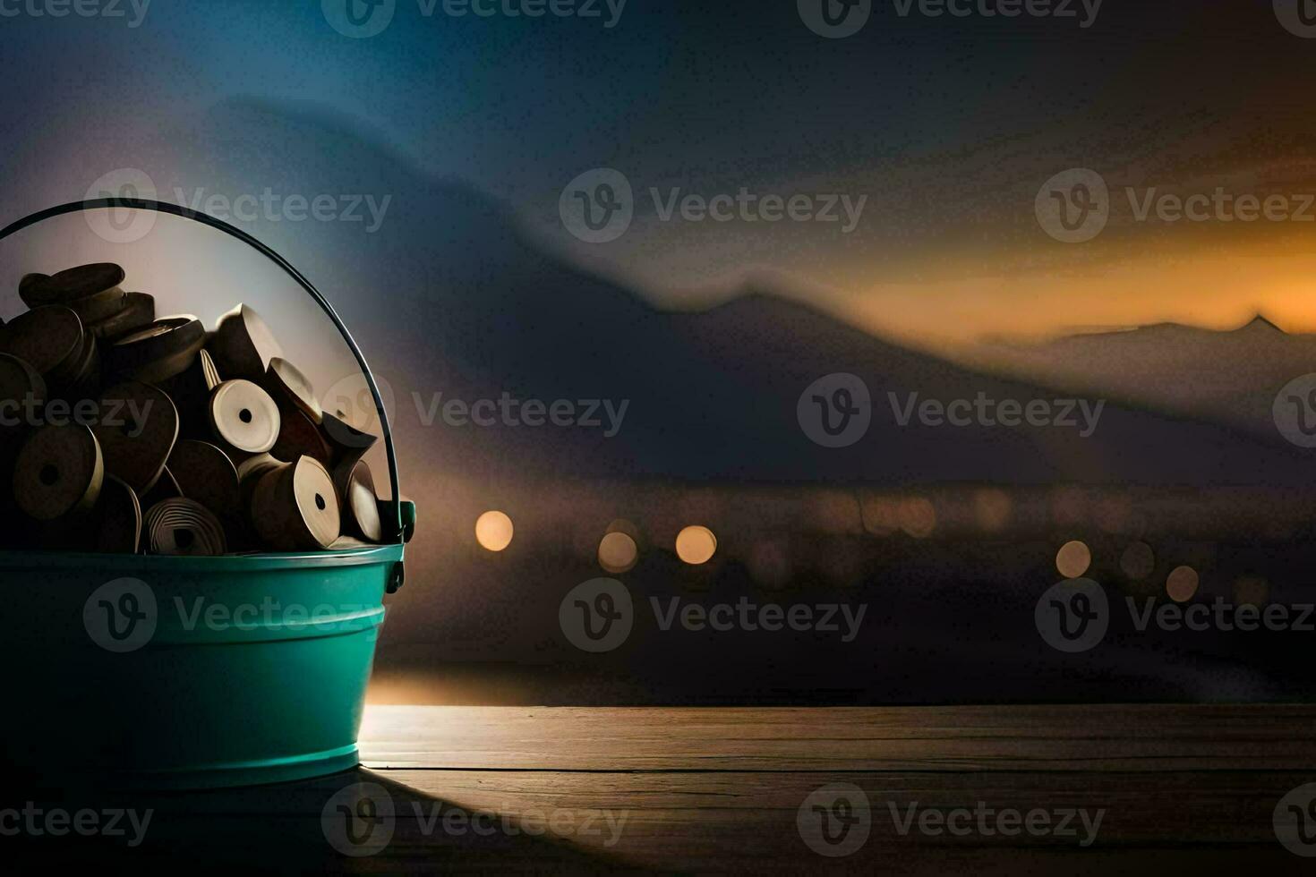 a bucket filled with wooden dowels on a wooden table. AI-Generated photo
