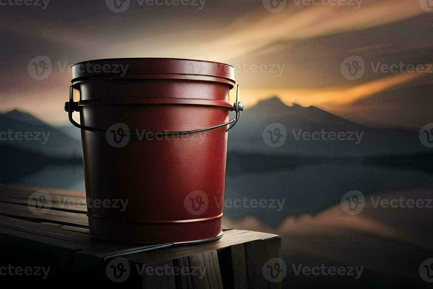 a red bucket sitting on a wooden dock with a lake in the background. AI-Generated photo