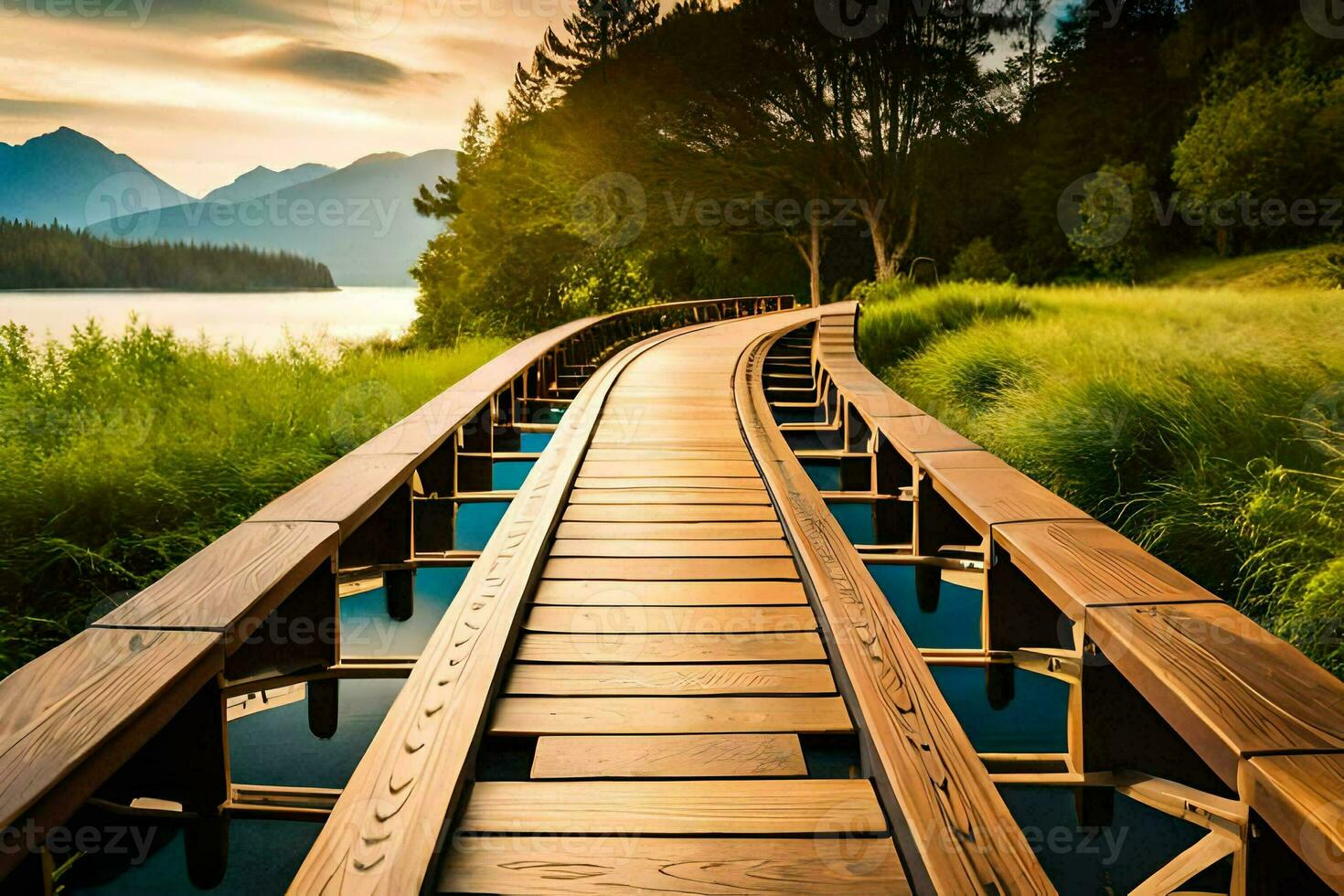 un de madera puente Guías a un lago y montañas. generado por ai foto