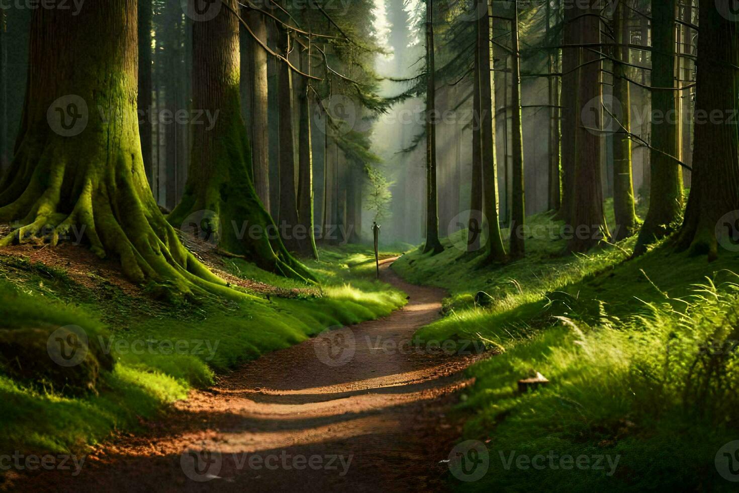 a path through a forest with tall trees. AI-Generated photo