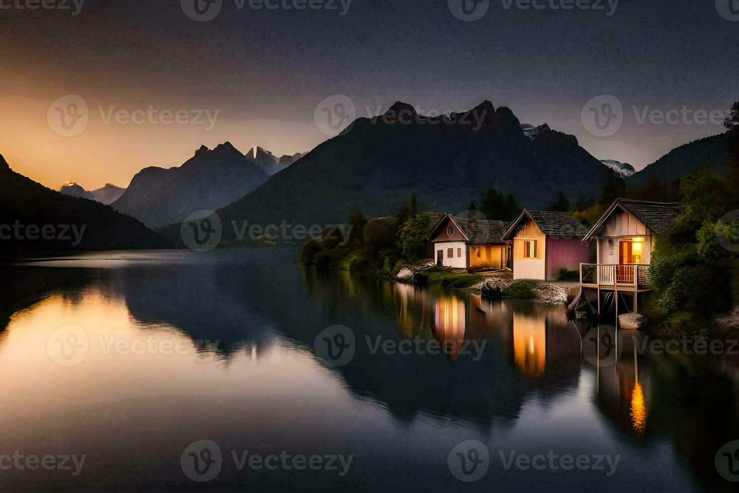 casas en el lago a puesta de sol. generado por ai foto