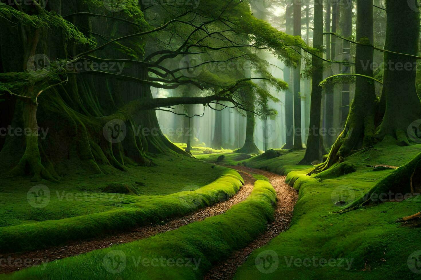 un camino mediante un verde bosque con arboles y musgo. generado por ai foto