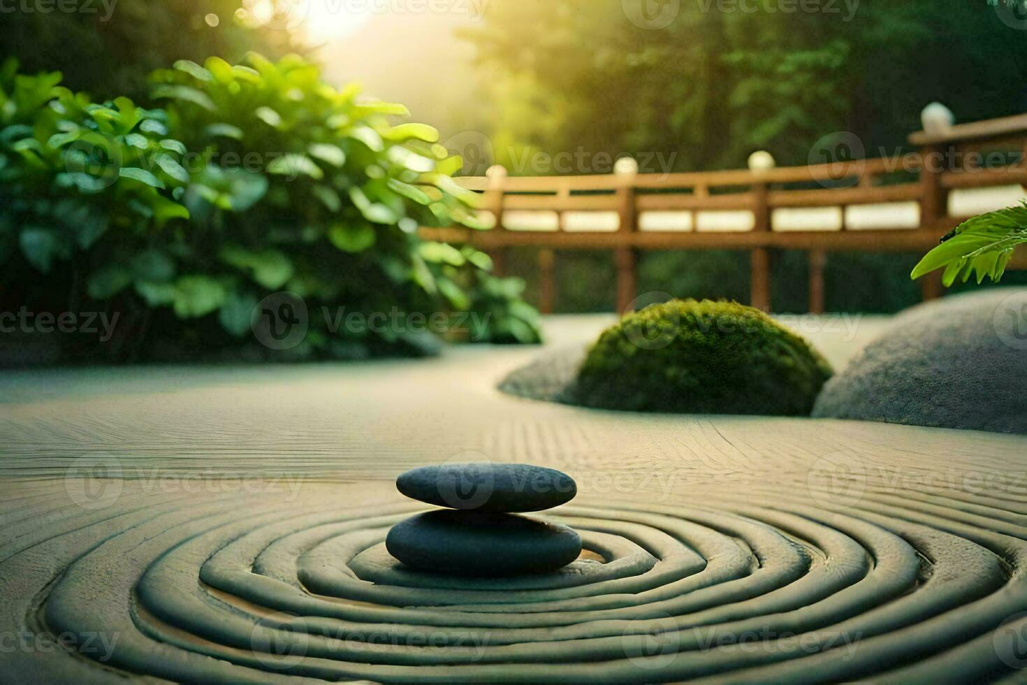 a zen garden with stones and a pond. AI-Generated photo