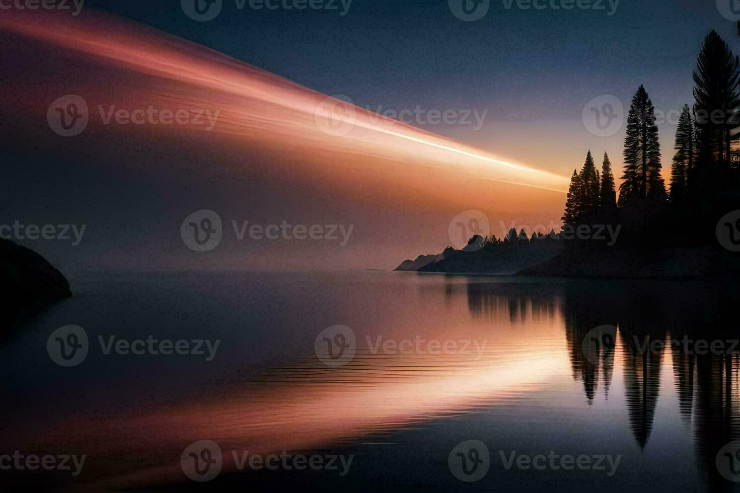 a long exposure photograph of a lake at sunset. AI-Generated photo