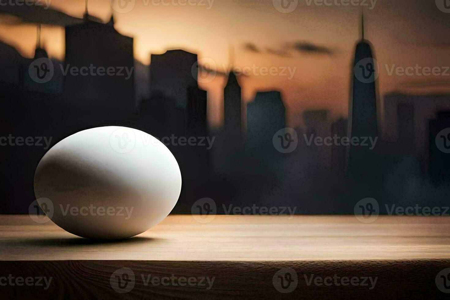 an egg on a table in front of a cityscape. AI-Generated photo