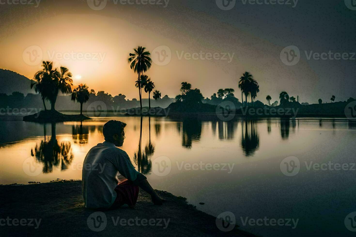 un hombre sentado en el apuntalar de un lago a puesta de sol. generado por ai foto