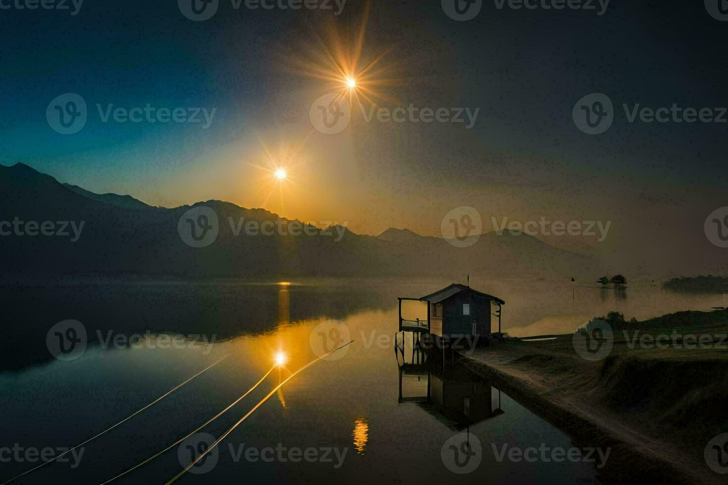 a boat sits on the shore of a lake at sunrise. AI-Generated photo