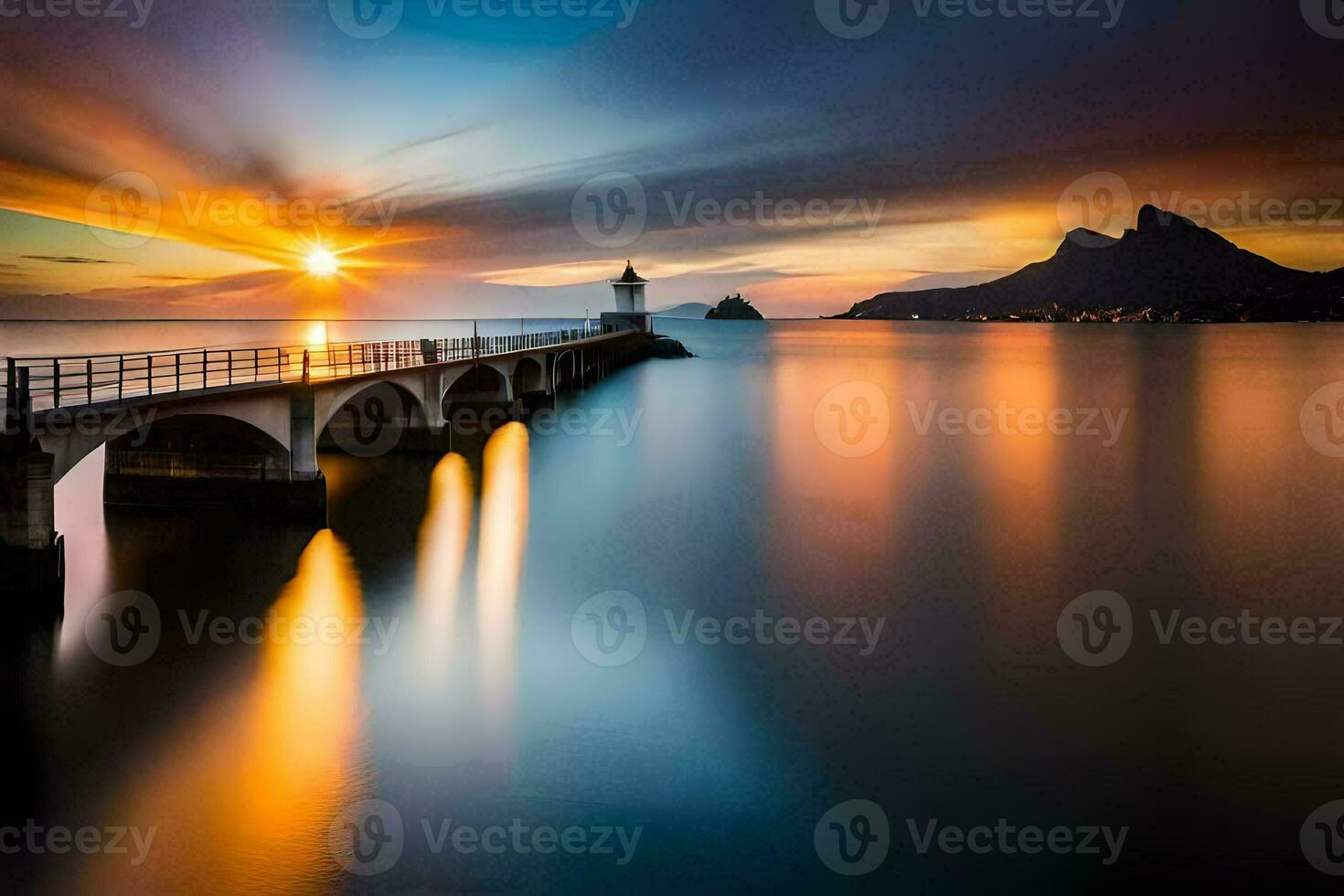 a long exposure photograph of a bridge and lighthouse at sunset. AI-Generated photo