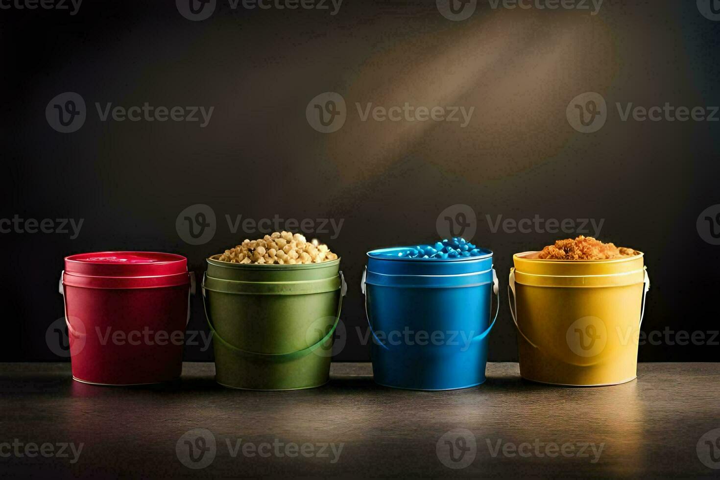 four buckets of different colored cereal on a dark background. AI-Generated photo