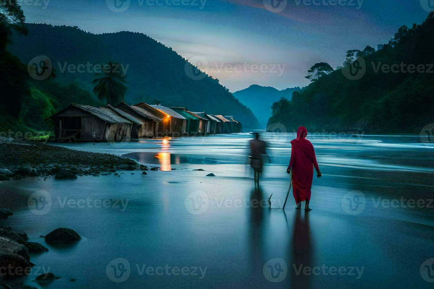 un hombre en rojo es caminando a lo largo el apuntalar de un río. generado por ai foto