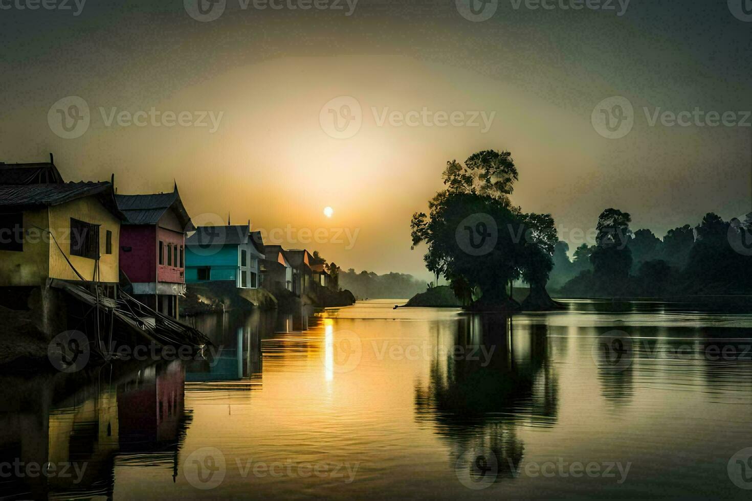 the sun rises over a river in front of houses. AI-Generated photo