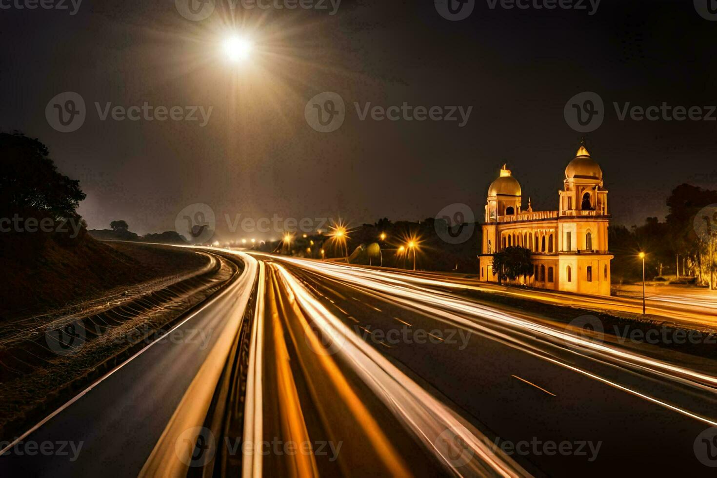a long exposure photo of a highway at night with a church in the background. AI-Generated