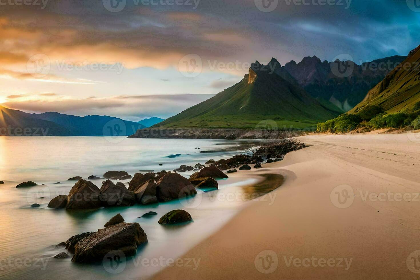 the sun sets over a beach and mountains in iceland. AI-Generated photo
