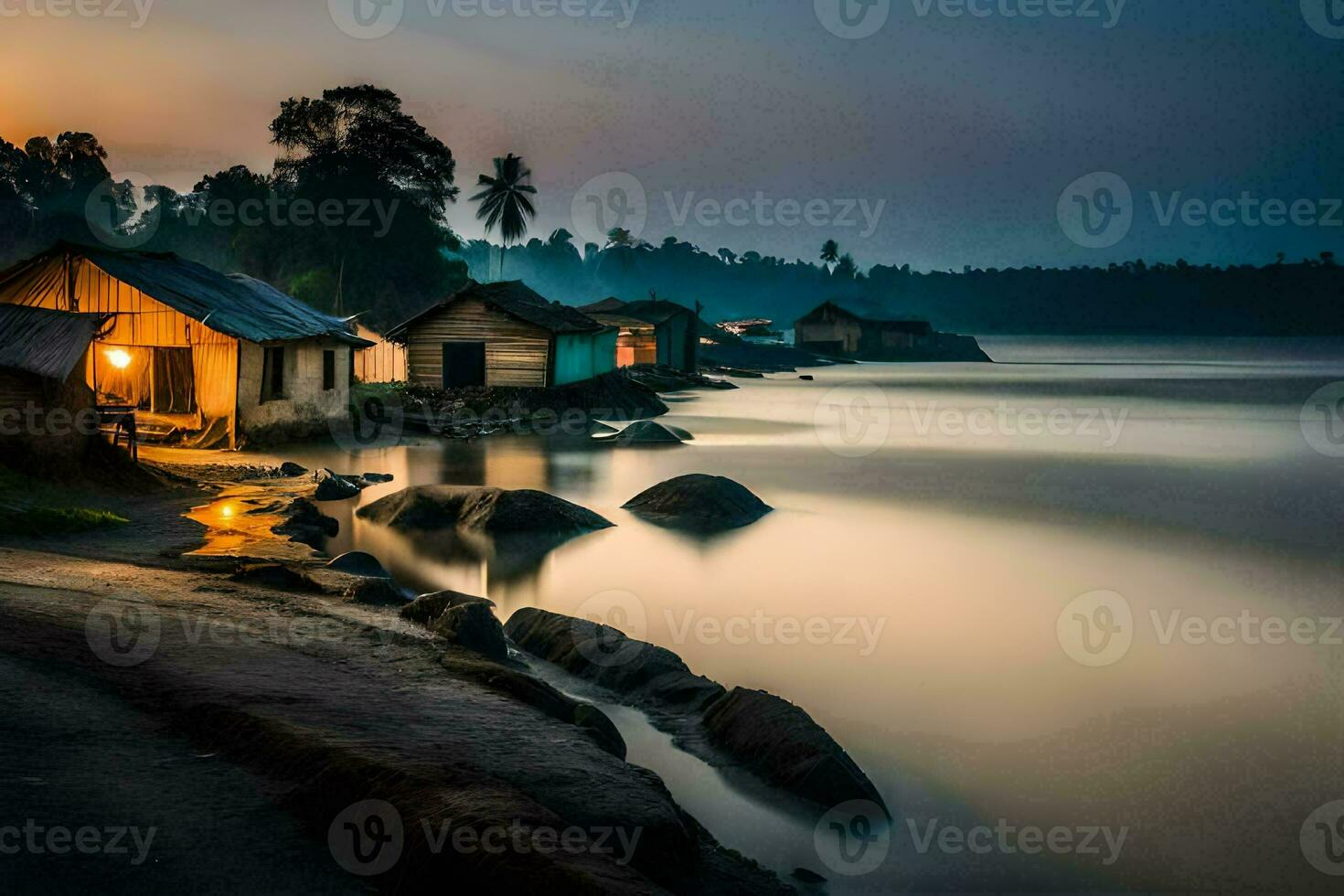 a small village on the shore of a lake at sunset. AI-Generated photo
