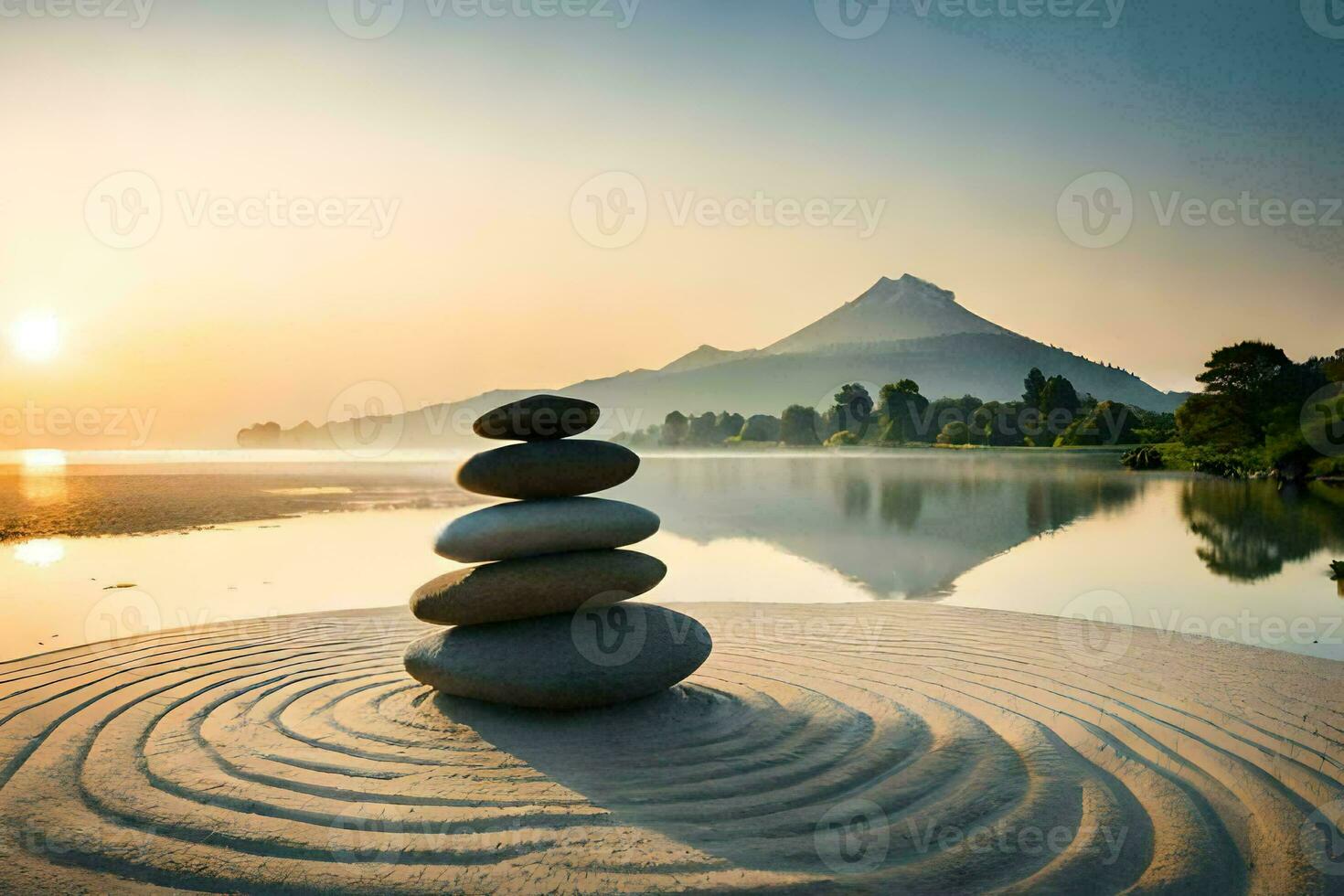 a stack of stones in the sand at sunset. AI-Generated photo