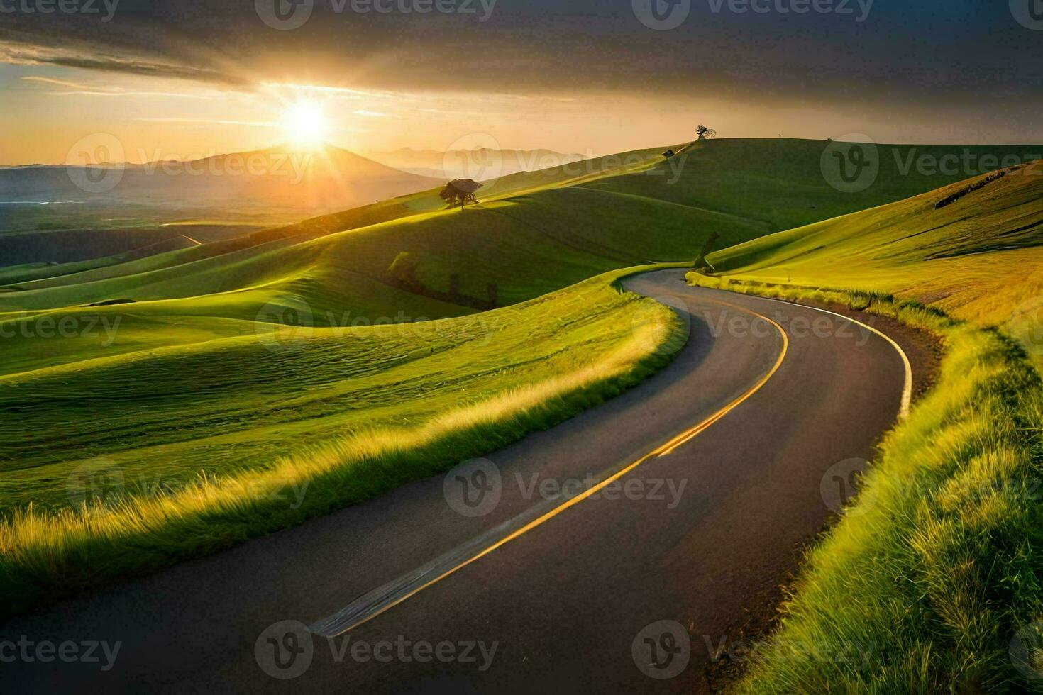 the sun rises over a winding road in the hills. AI-Generated photo