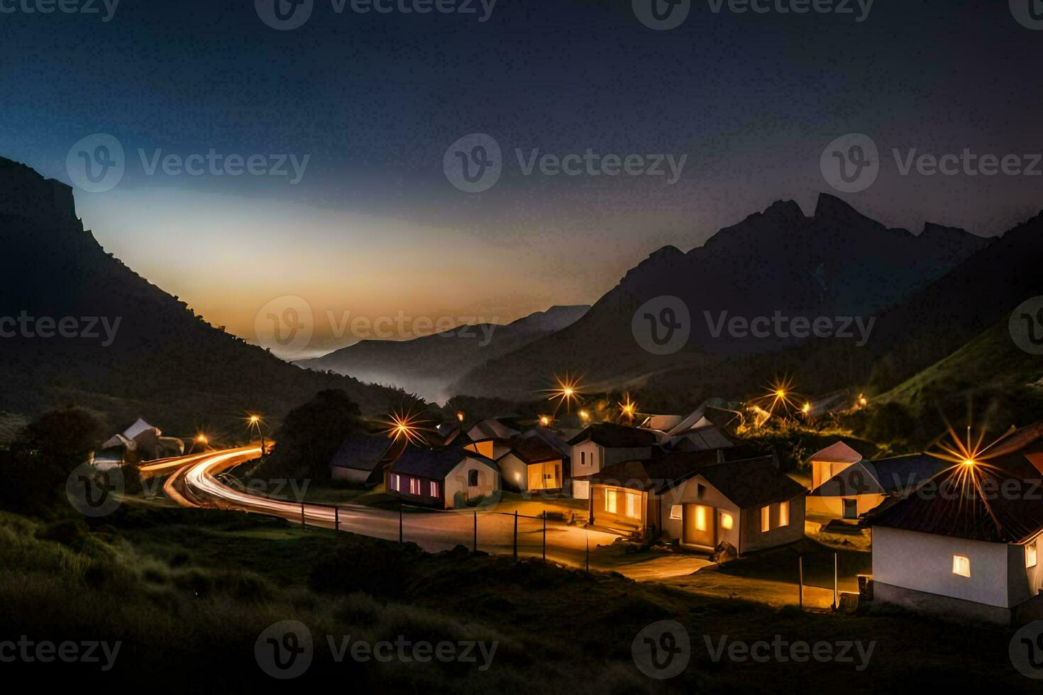 un pueblo a noche con luces en el la carretera. generado por ai foto