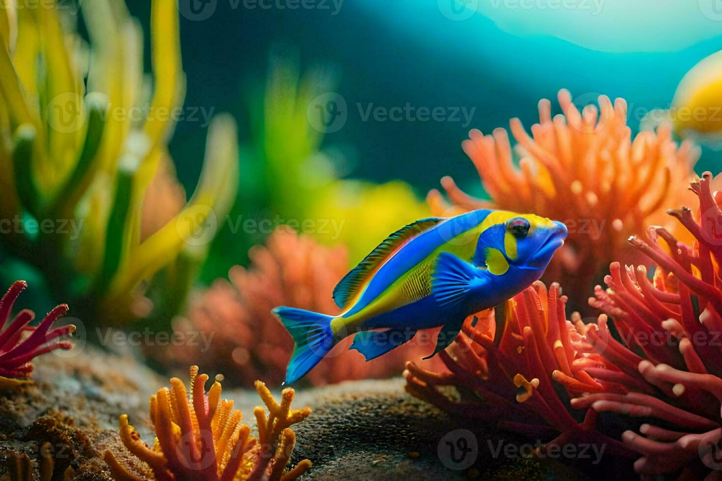 a blue and yellow fish in an underwater coral reef. AI-Generated photo