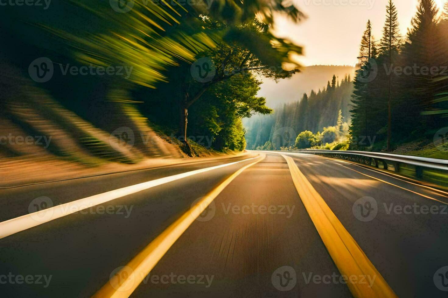 a blurry image of a road with trees and a car. AI-Generated photo