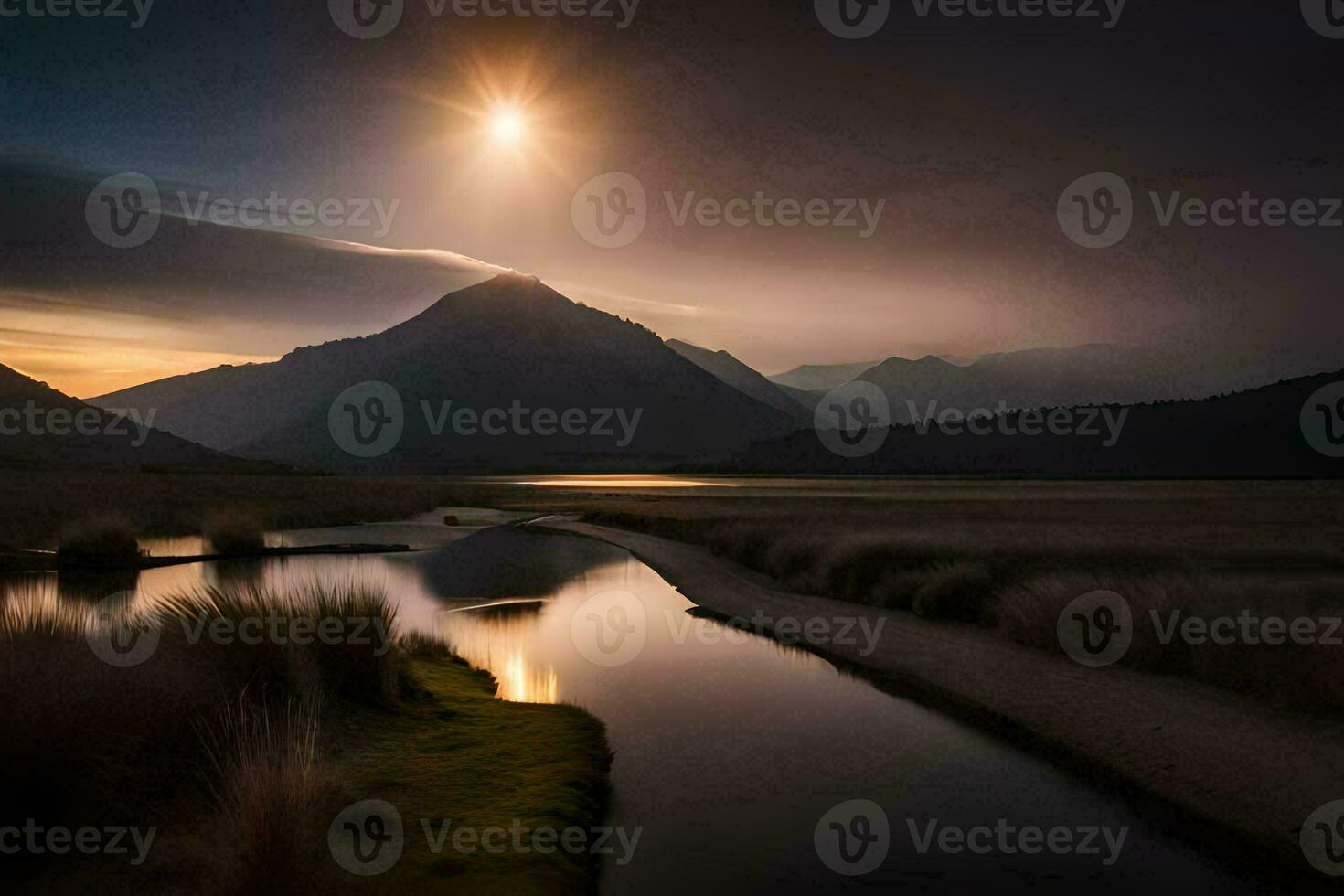 the sun rises over a river and mountains. AI-Generated photo