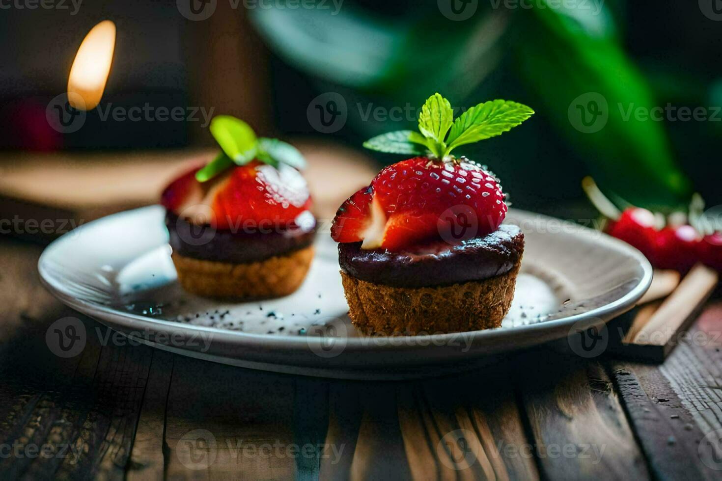 two small cupcakes with strawberries on a plate. AI-Generated photo