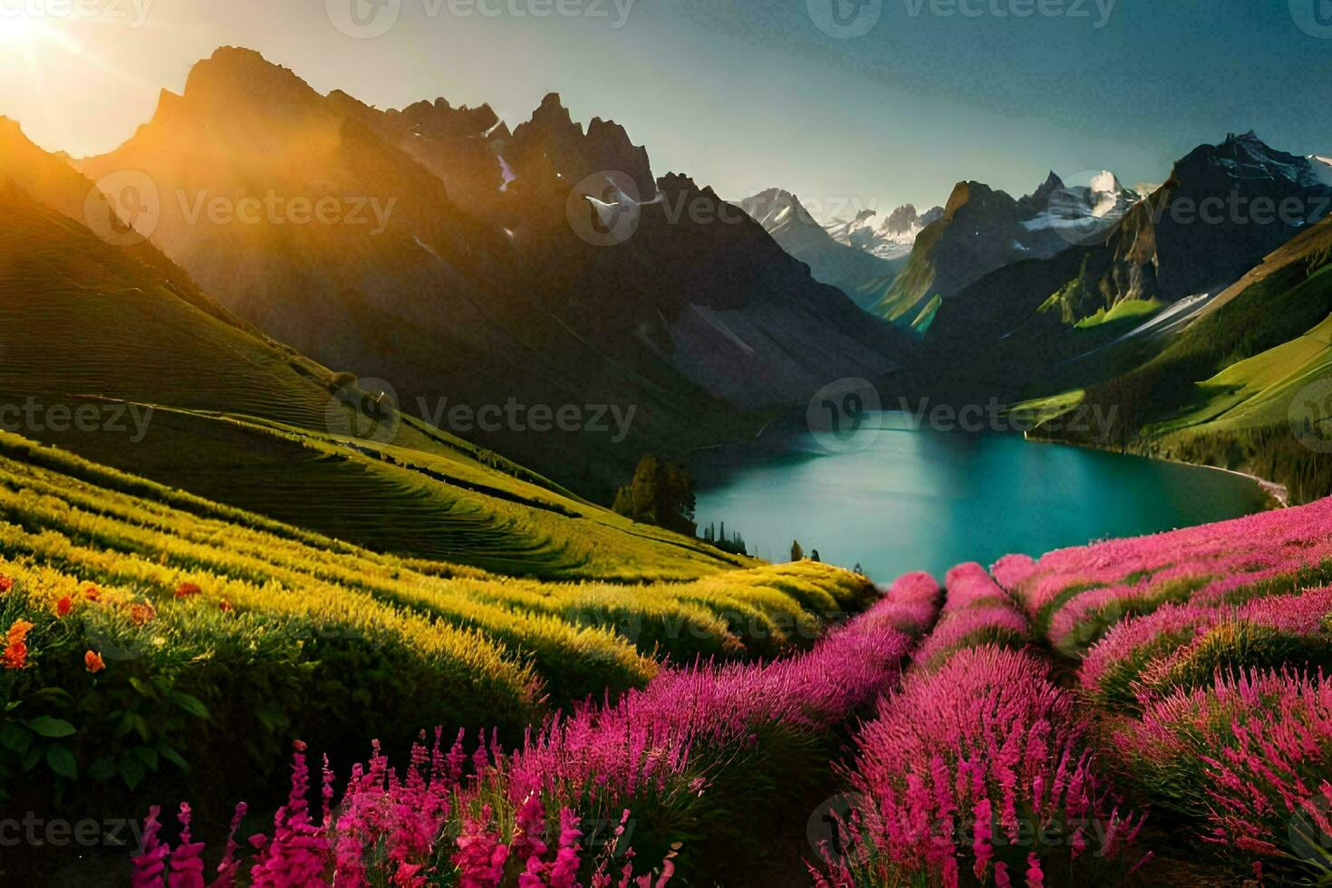 the sun shines over a lake and flowers in the mountains. AI-Generated photo