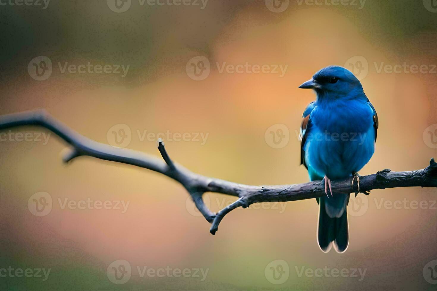 a blue bird sits on a branch in front of a blurry background. AI-Generated photo