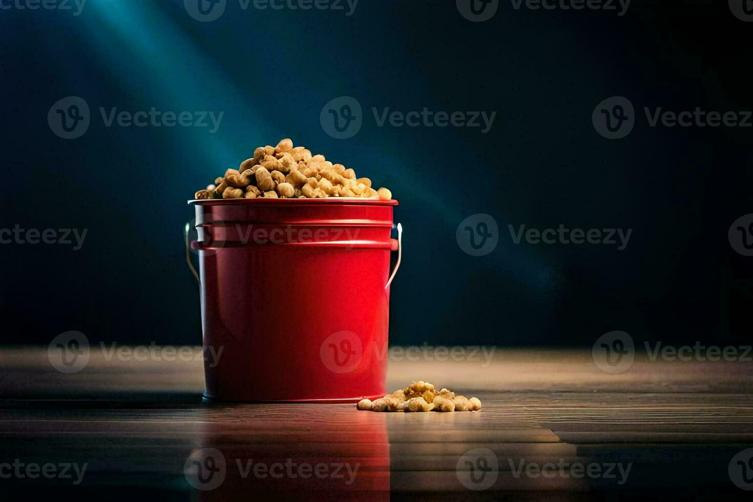 a red bucket filled with peanuts on a wooden table. AI-Generated photo