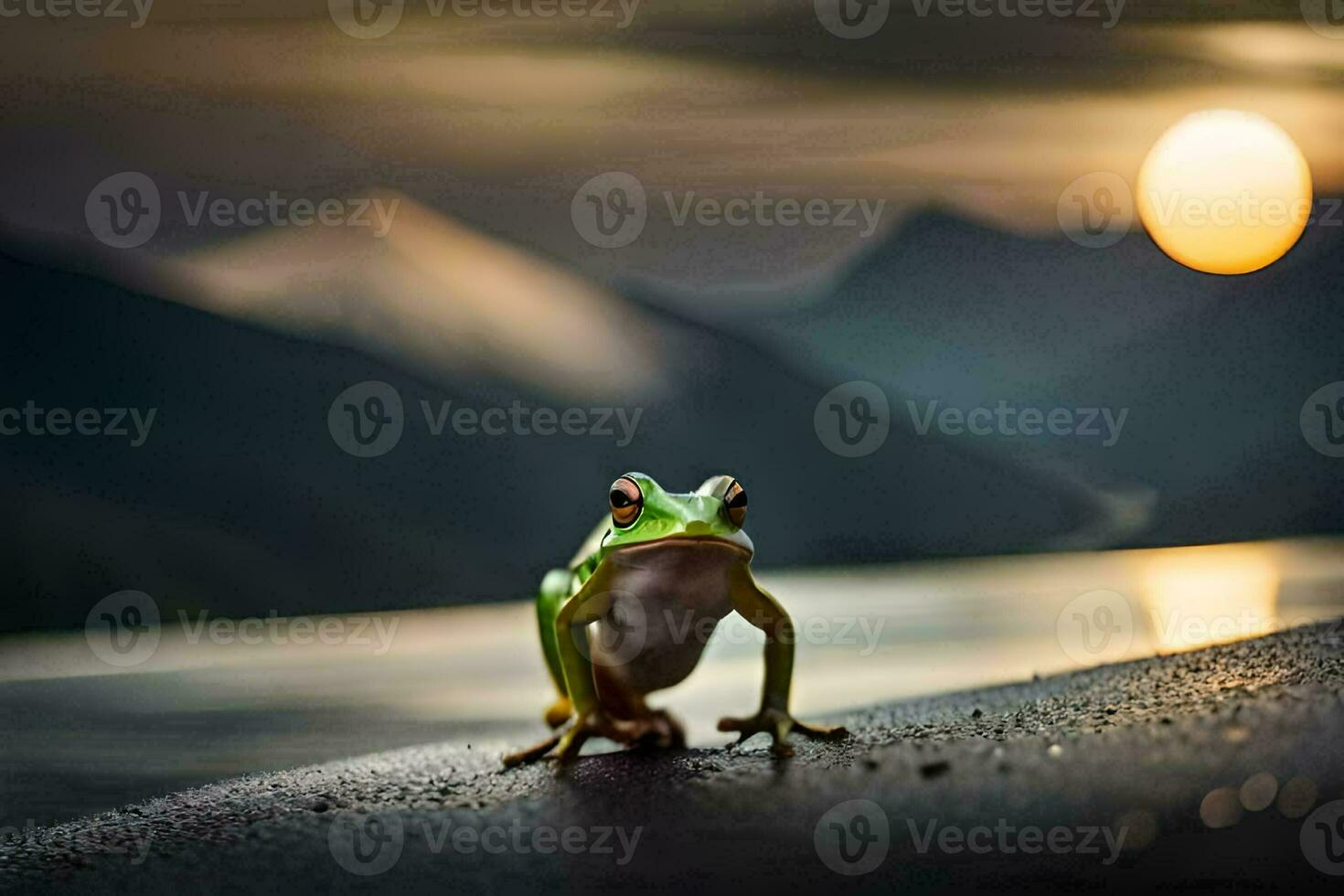 a frog sitting on the ground in front of a lake. AI-Generated photo