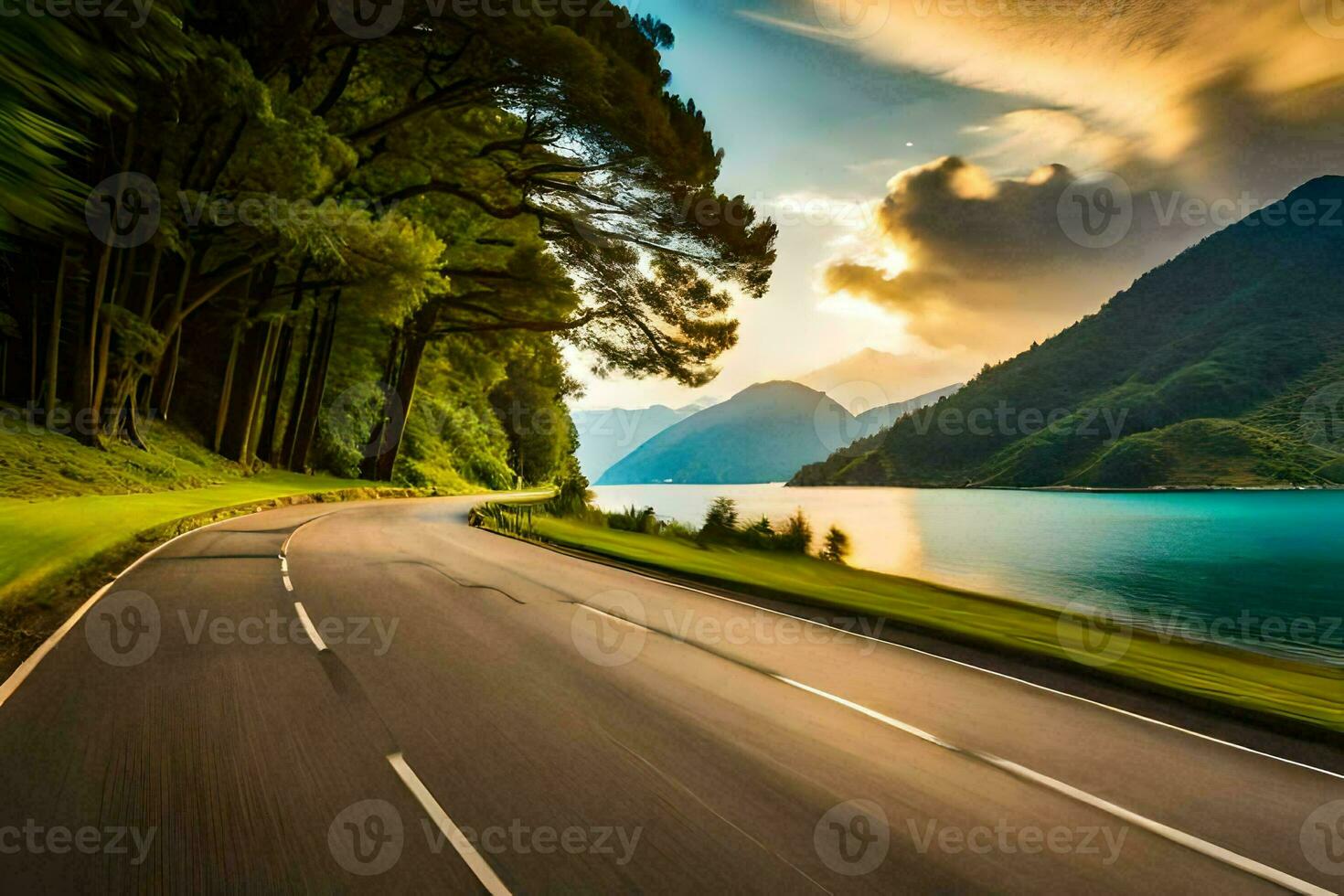 a scenic road with trees and mountains in the background. AI-Generated photo