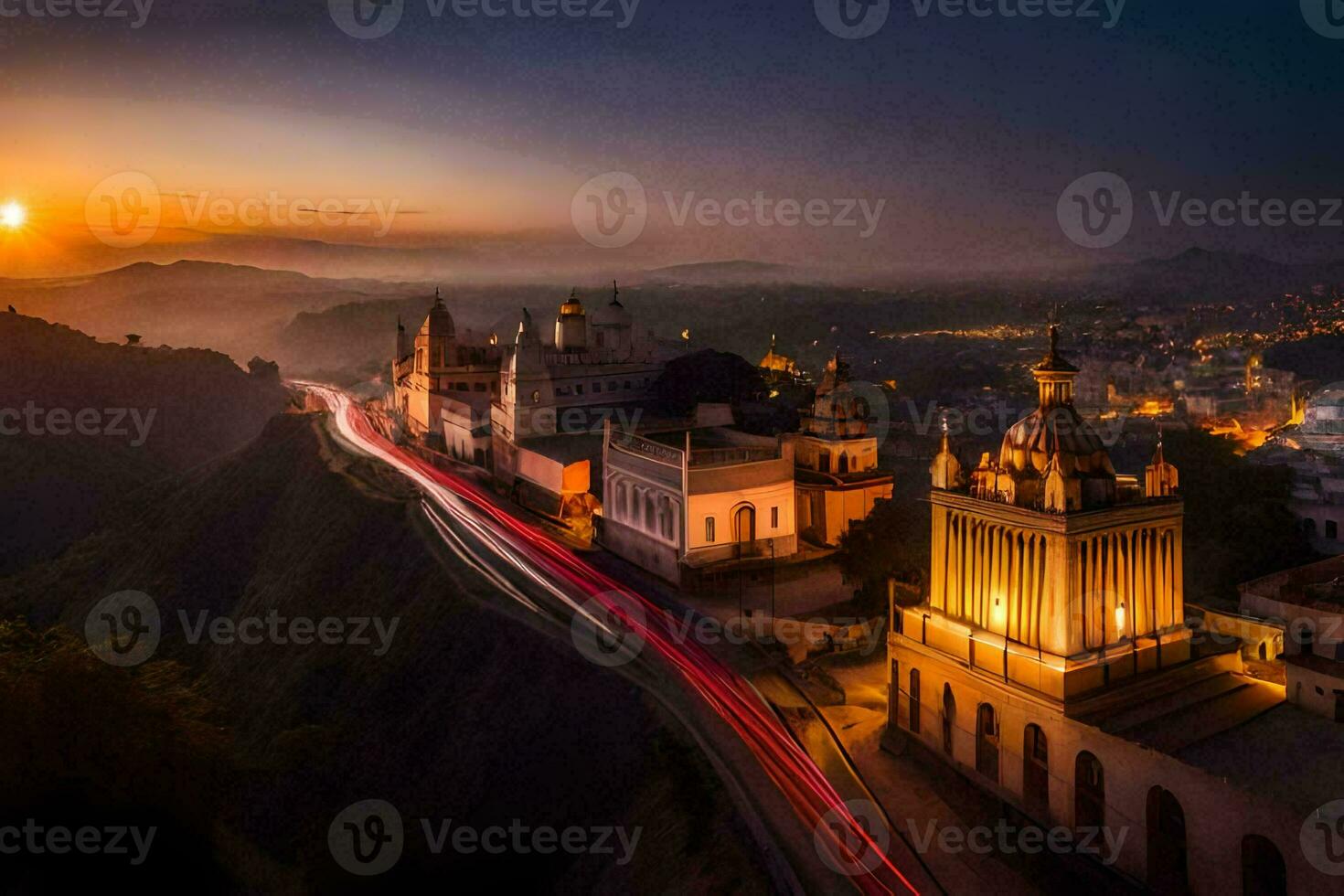 el Dom conjuntos terminado un ciudad con un Iglesia en cima. generado por ai foto