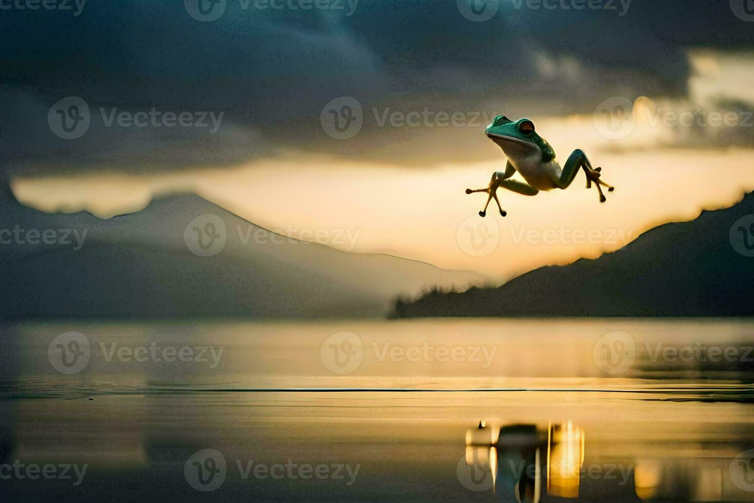 a frog jumping out of the water at sunset. AI-Generated photo