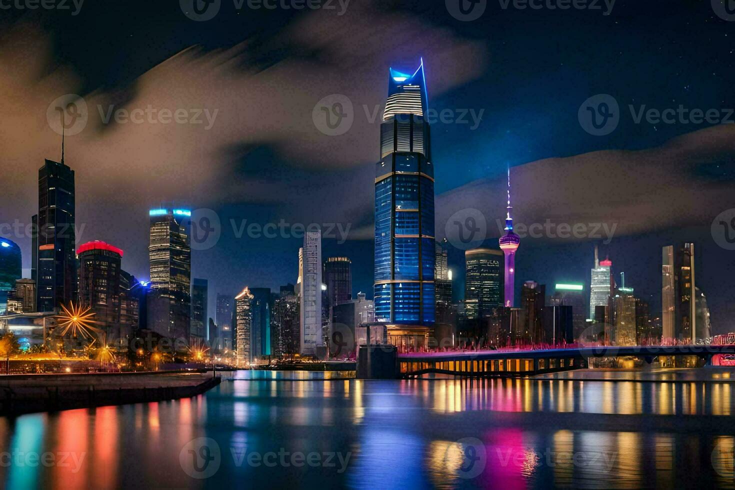 the city skyline at night with lights reflecting off the water. AI-Generated photo