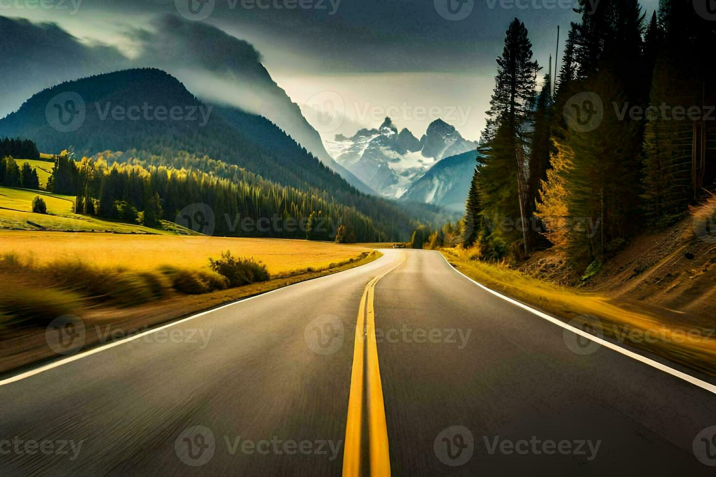 a road in the mountains with trees and mountains. AI-Generated photo